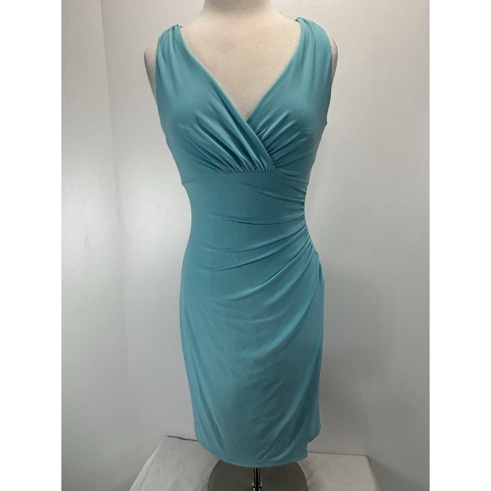 Lauren Ralph Lauren Dress Sz 6p Petite Aqua Blue Stretch Ruched Side Faux Wrap